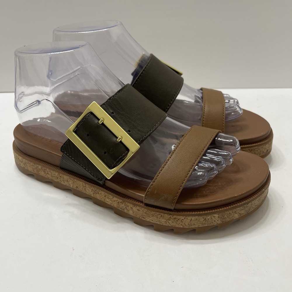 New Brown Sorel Roaming Gold Buckle Leather Slide Sandals Womens US 7.5 Comfort
